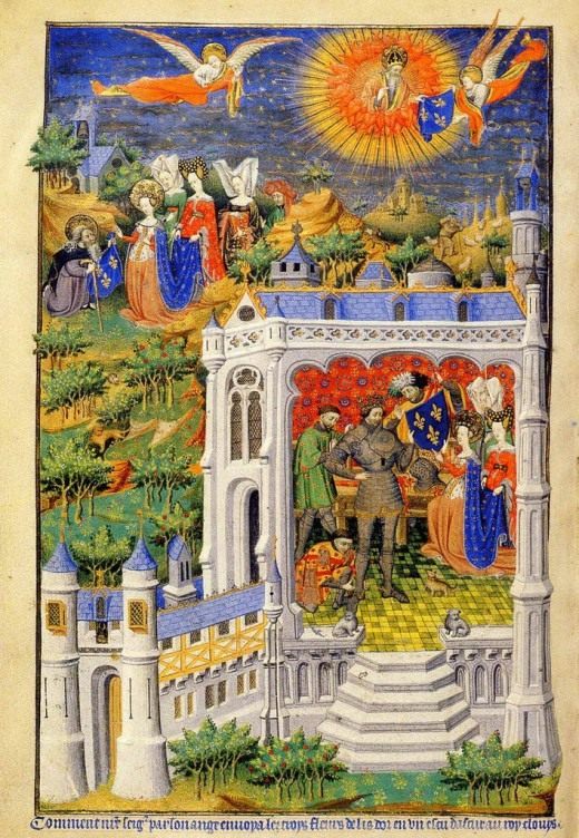 Фото страницы книги Часослов, иллюстрирующая легенду короля Хлодвига который получает цветок лилии