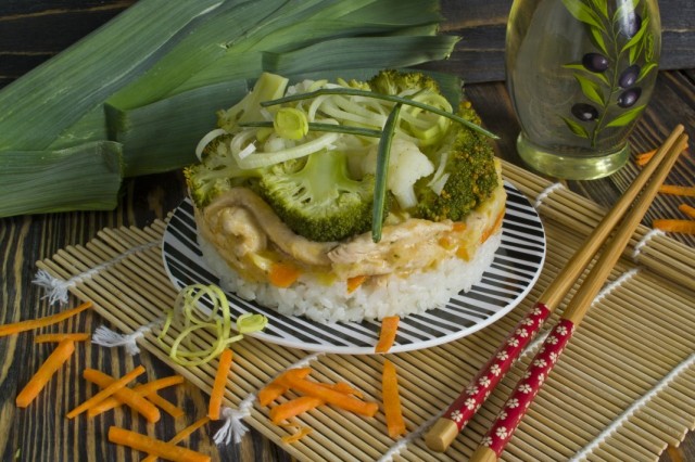 Бефстроганов из курицы с луком пореем, рисом, брокколи и цветной капустой Бефстроганов из курицы с луком пореем, рисом, брокколи и цветной капустой