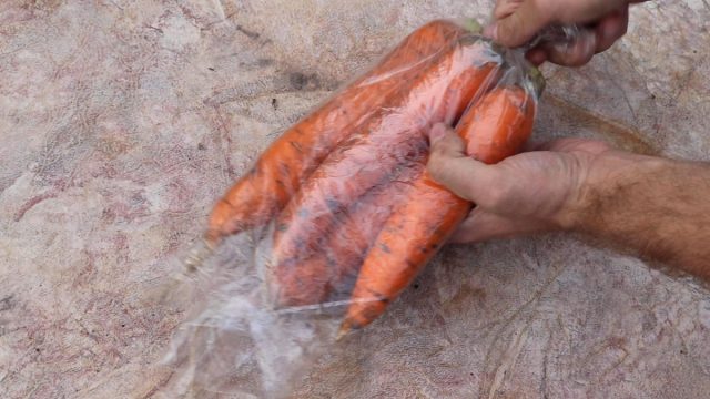 Укутывание моркови в пакеты и плёнку