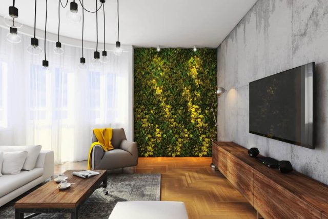 Декор в виде «зеленой стены» в гостиной комнате с подсветкой